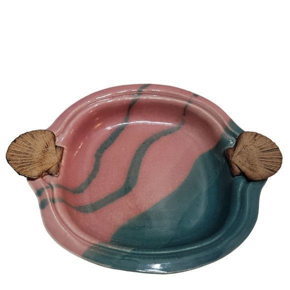 Palms Up Pottery Bowl hand thrown pink green Seashell Clamshell 12 in no chips‎ - Picture 1 of 5